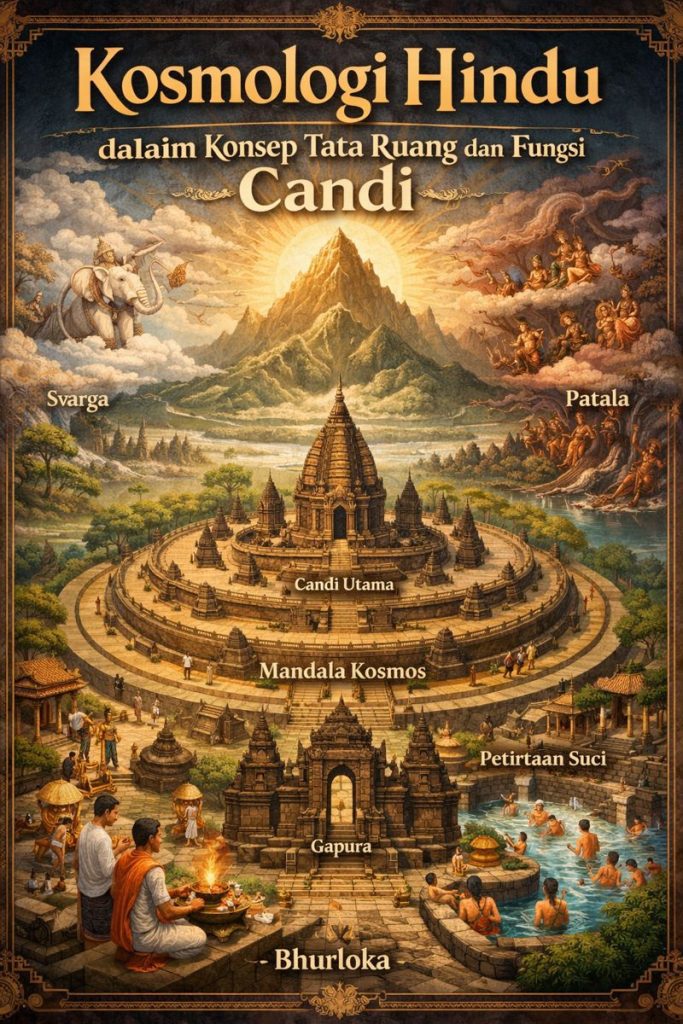 Konsep tata ruang dan fungsi candi dalam kosmologi Hindu yang menggambarkan Bhurloka, Bhuvarloka, dan Swarloka sebagai simbol alam semesta