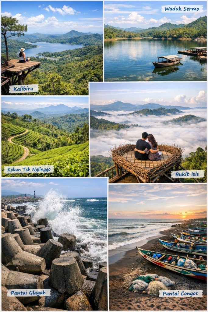 Wisata Murah dan Estetik di Kulon Progo untuk Akhir Pekan 2 Kolase destinasi wisata Kulon Progo yang menampilkan Kalibiru, Waduk Sermo, Kebun Teh Nglinggo, Bukit Isis, Pantai Glagah, dan Pantai Congot di Yogyakarta