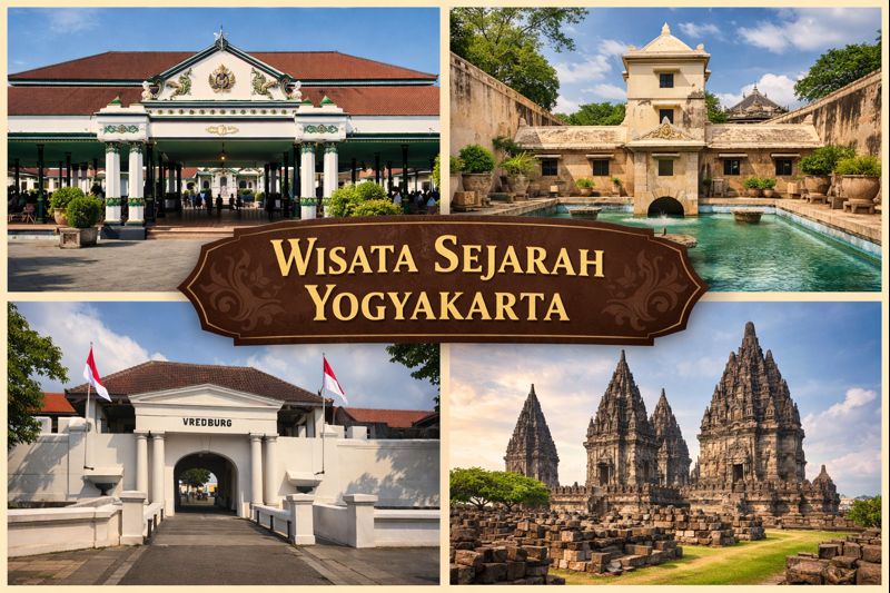 Kolase wisata sejarah Yogyakarta menampilkan Keraton Yogyakarta, Taman Sari, Benteng Vredeburg, dan Candi Prambanan