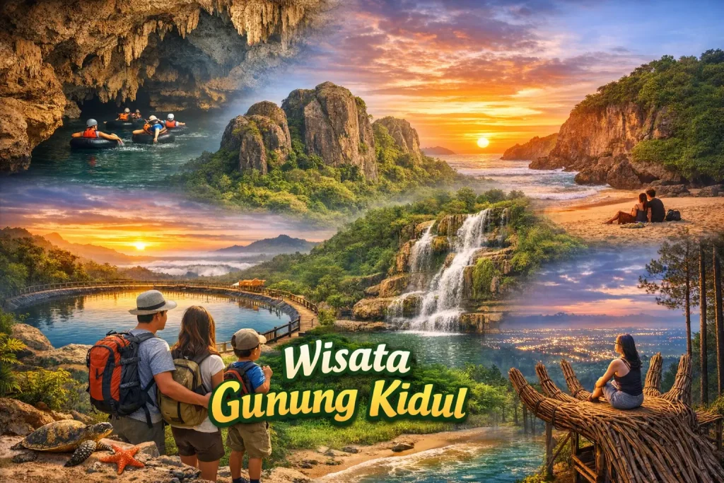 Wisata di Gunung Kidul: Panduan Lengkap Destinasi, Pantai, Goa, dan Alam Terindah 25 Wisata di Gunung Kidul dengan panorama pantai dan perbukitan karst
