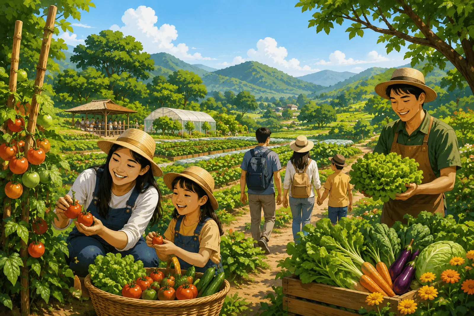 Ilustrasi agrowisata dengan aktivitas petik hasil panen, kebun sayur, petani, dan wisatawan di kawasan pertanian pegunungan yang asri.