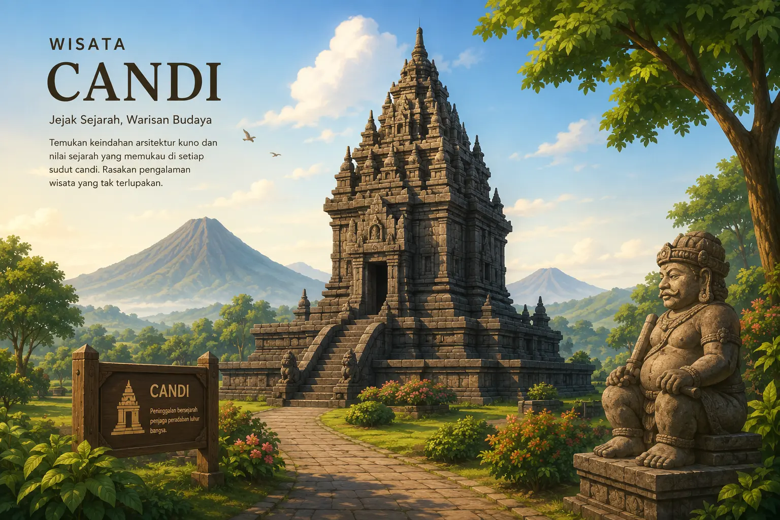 Ilustrasi wisata candi dengan bangunan candi bersejarah berlatar pegunungan, pepohonan hijau, dan langit cerah yang menggambarkan kekayaan warisan budaya Indonesia.