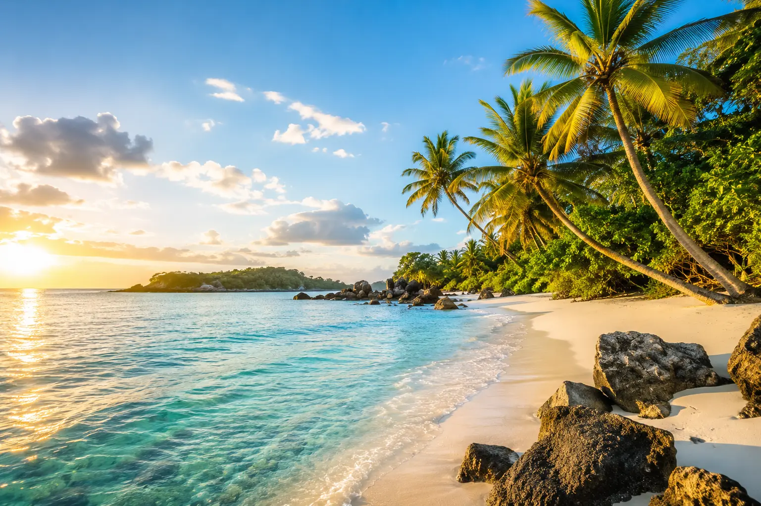 Ilustrasi realistis wisata pantai Indonesia dengan pasir putih, laut biru jernih, batu karang alami, dan pohon kelapa di tepi pantai.